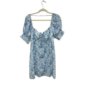 Trixi Blue Floral Print Square Neck Puff Sleeve Smocked Mini Dress Cottagecore
